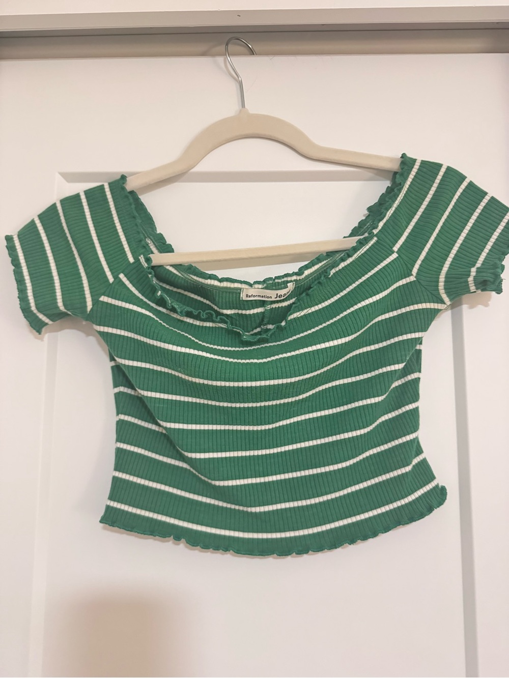 Reformation Green & White Striped Ribbed Off-Shoulder Top
